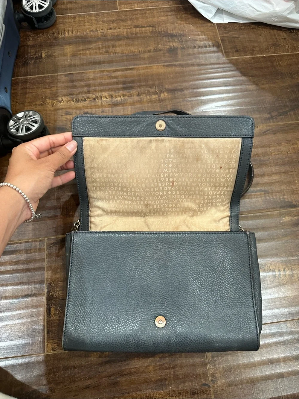kate spade navy blue perforated floral leather shoulder bag with chain strap